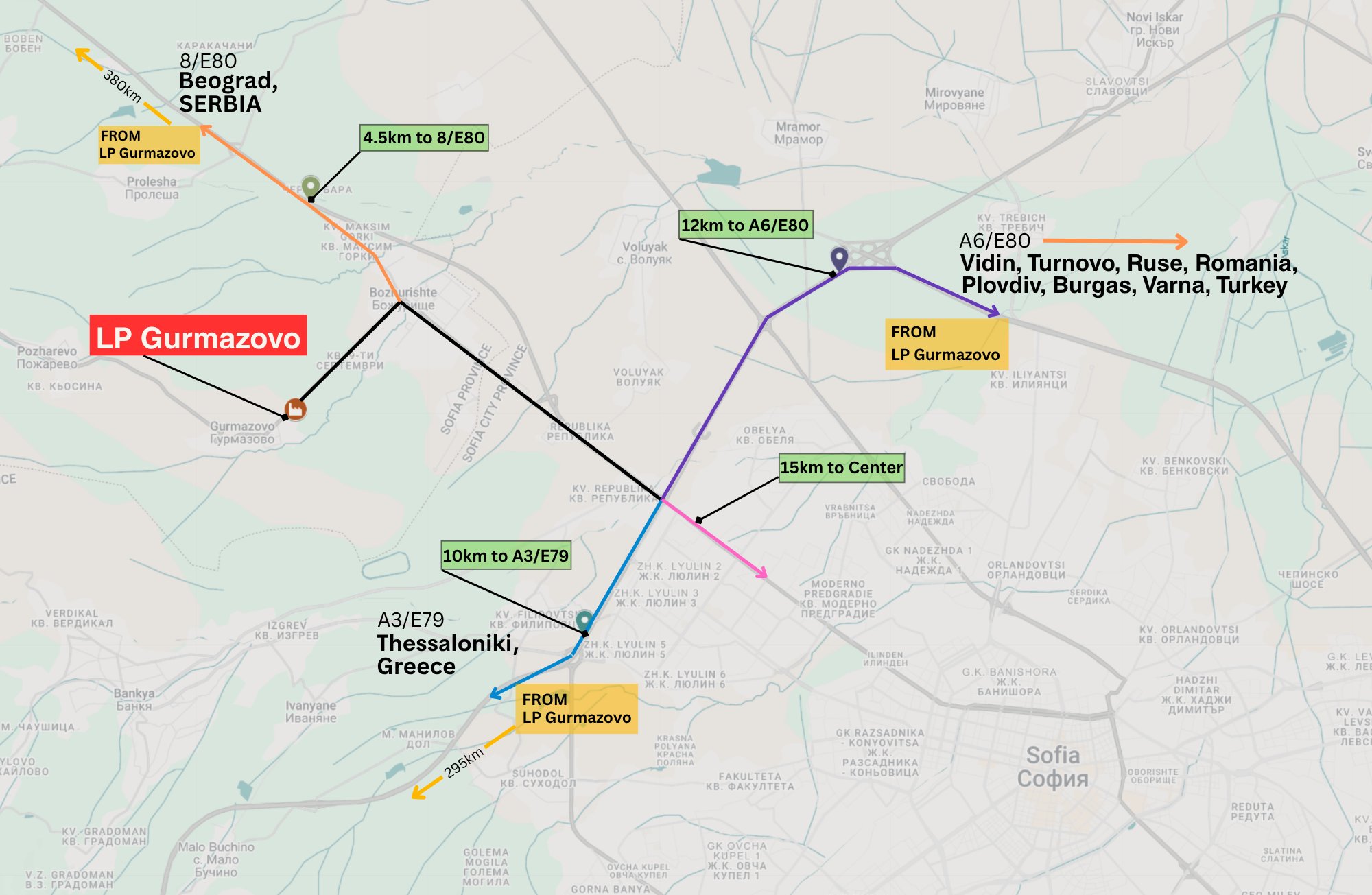 Road map: LP Gurmazovo and routes to 8/E80, A3/E79, A6/E80 and Sofia centre