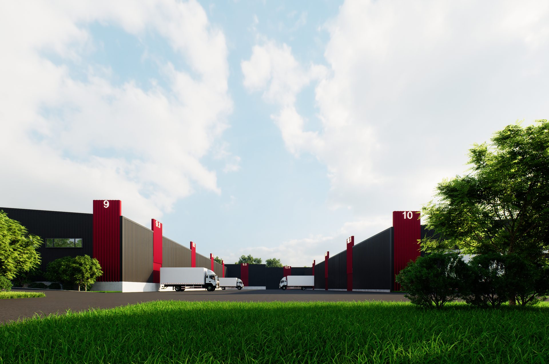 Halls 9 and 10 with loading trucks
